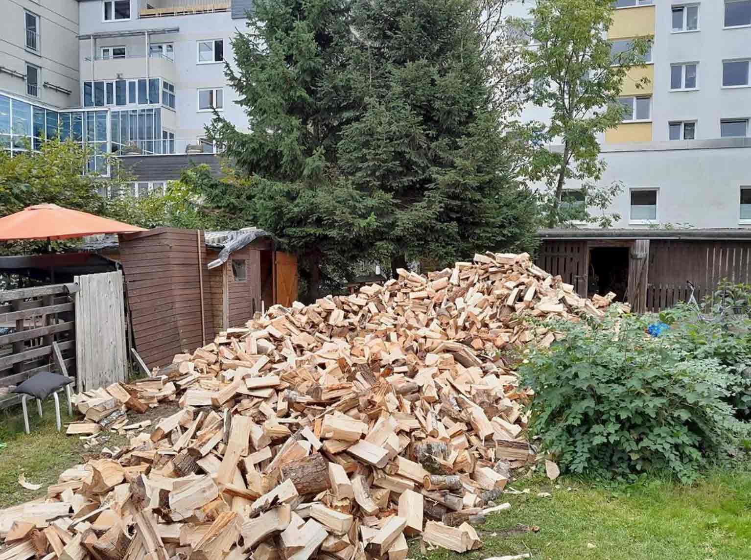 Ein riesengroßer Haufen Brennholz in einem Hinterhof